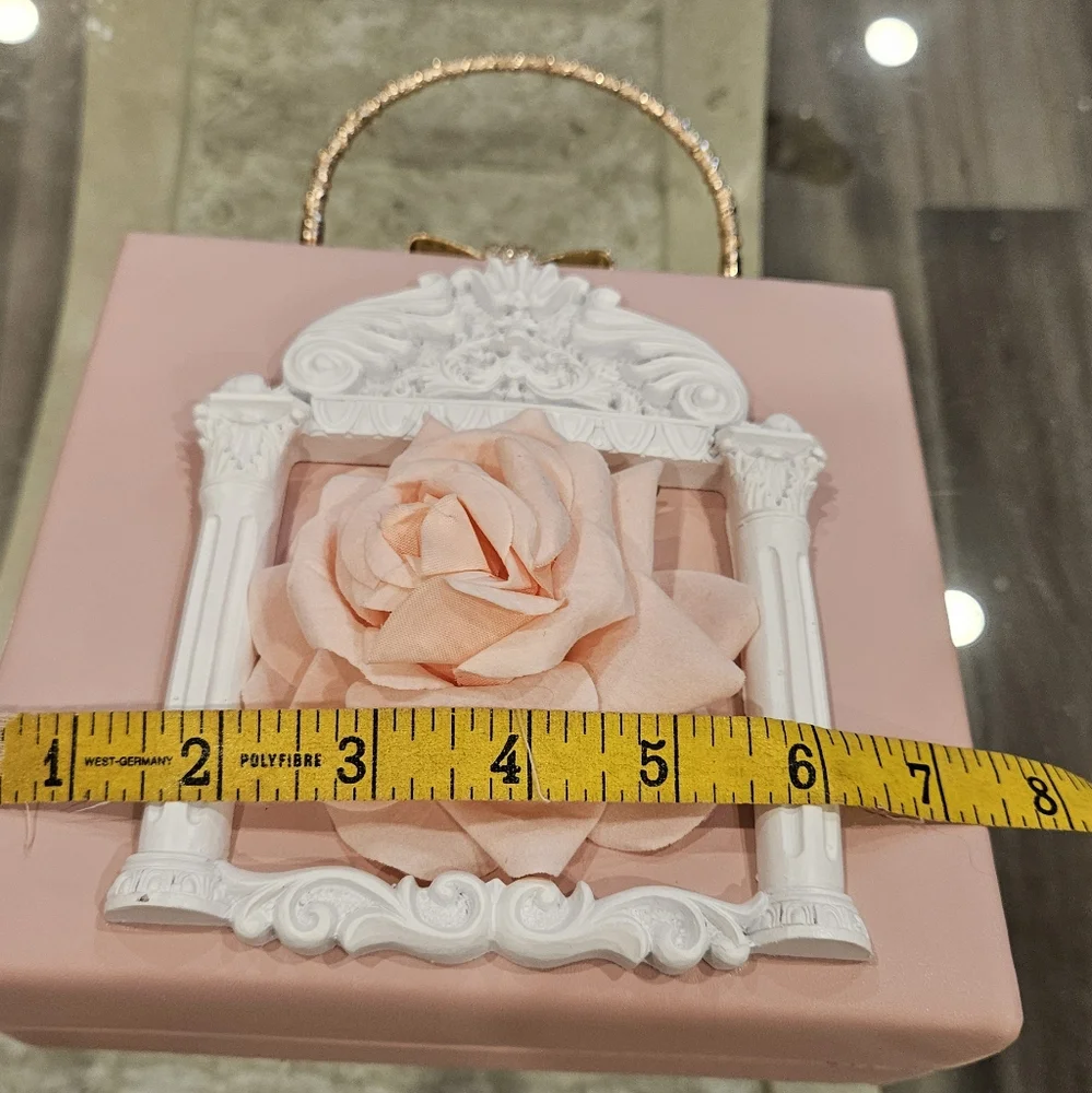 Ornate Pink Floral Box Clutch with Gold Handle